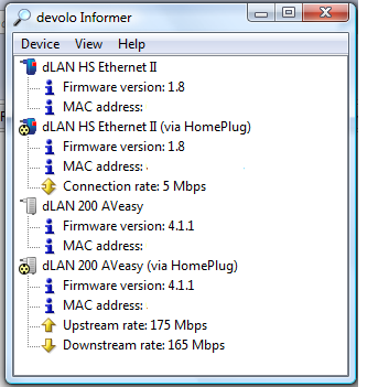 Screenshot of devolo informer, showing two different devolo's on the same network