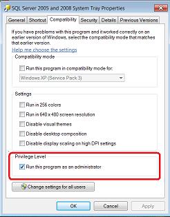 SQL Server 2005-2014 System Tray Properties - Compatibility tab - Setting Admin Privilege.