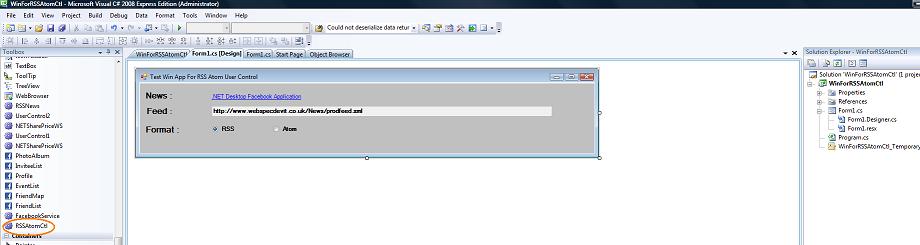 Screenshot of New RSS Atom User Control for .NET 3.5 on a windows form in C# Express Edition 2008 (using .NET v3.5)